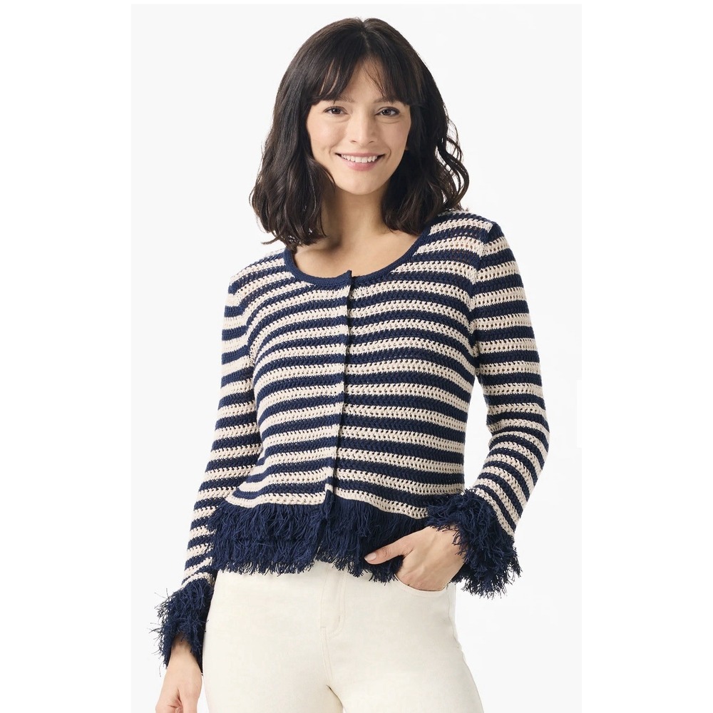 NIC + ZOE Twilight Fringe Cardigan Sweater Women's Small Blue Crochet Striped